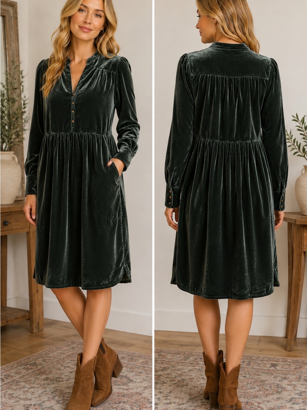Anthropologie Holding Horses Green Velvet Boho Dress XS